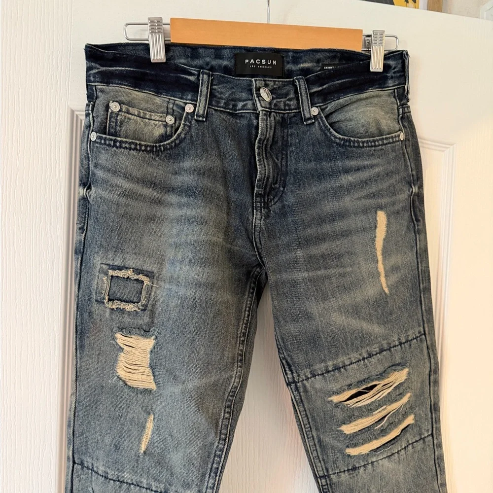 PacSun Stacked Skinny Vertical Stretch Distressed Blue Jeans size 29x30